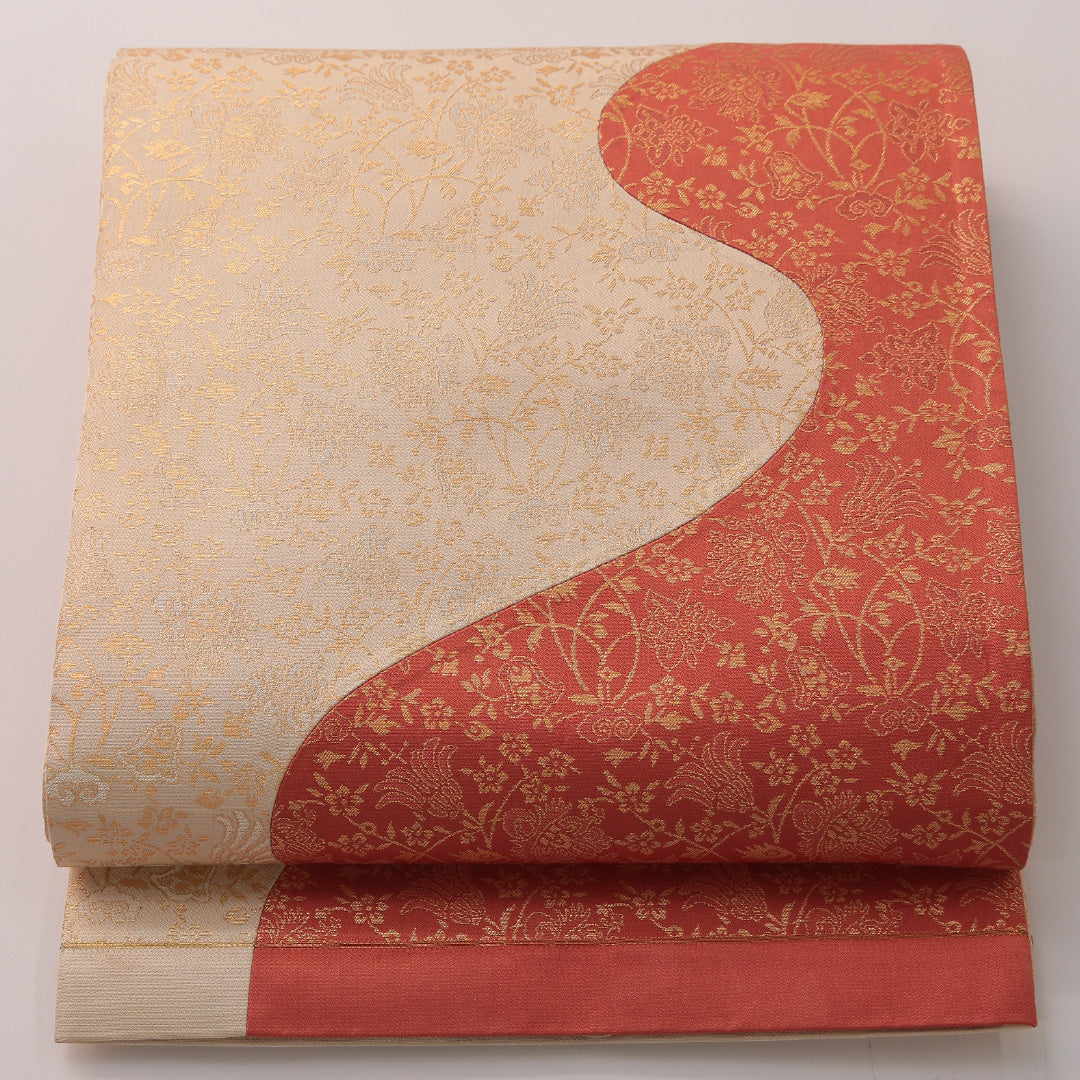 袋帯 帯丈448cm セミフォーマル ポイント柄 未仕立て 帯芯なし Aランク 正絹 唐草 クリーム系 朱系 1223-01888