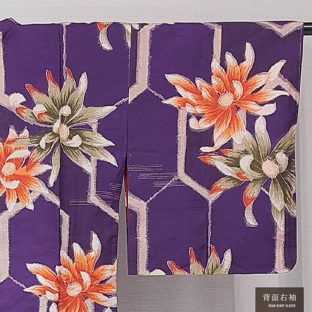 アンティーク 道行コート(銘仙) 袷 身丈86cm 裄丈64cm 正絹 Aランク Mサイズ 亀甲 花柄 青系 1263-15179