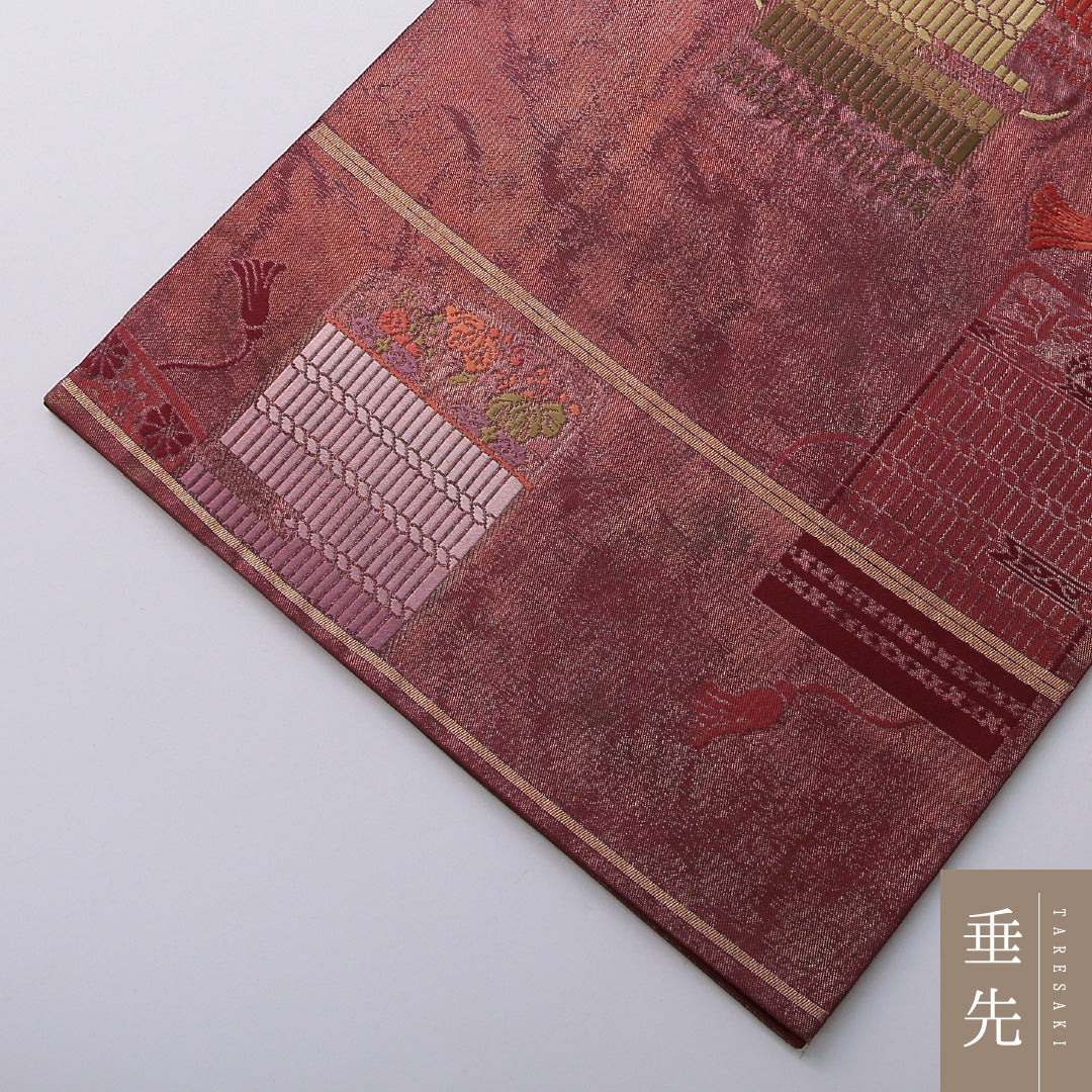 袋帯 帯丈420cm フォーマル 六通 Sランク 正絹 組紐 赤系 1223-02068