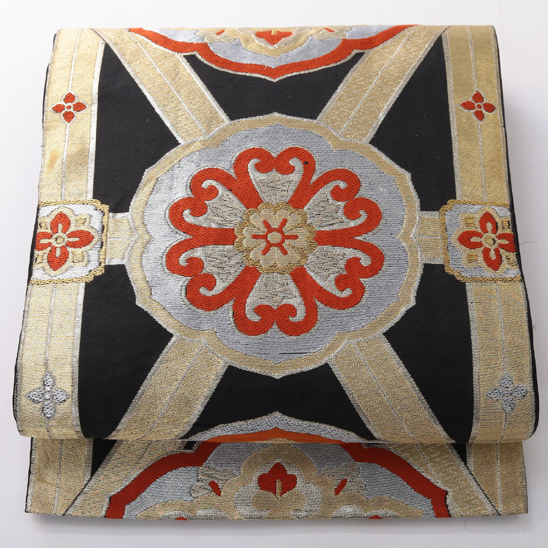 アンティーク 袋帯 帯丈400cm 六通 Aランク 正絹 鏡裏文 黒系 1223-02088