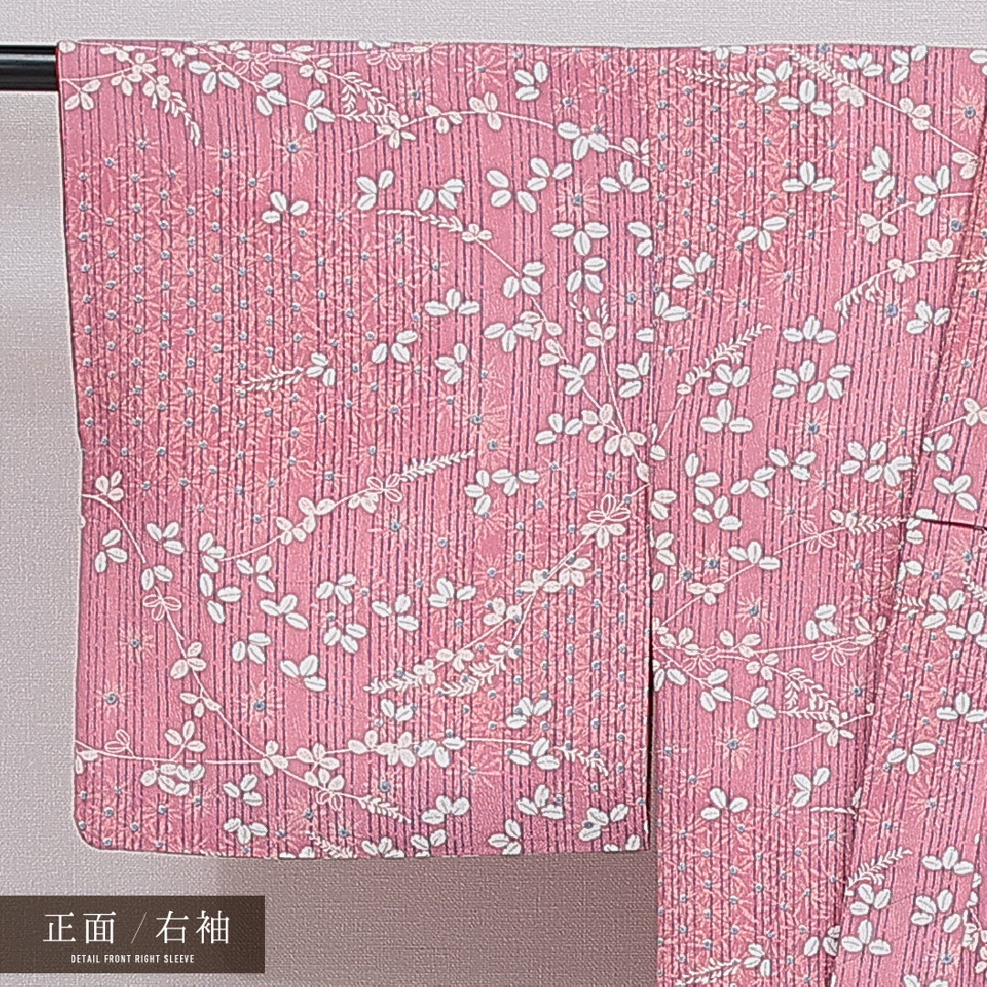 洗える着物 小紋 袷 身丈150cm 裄丈62cm ポリエステル Sランク インフォーマル バチ衿 Sサイズ 植物柄 紫系 RP 1221-16027