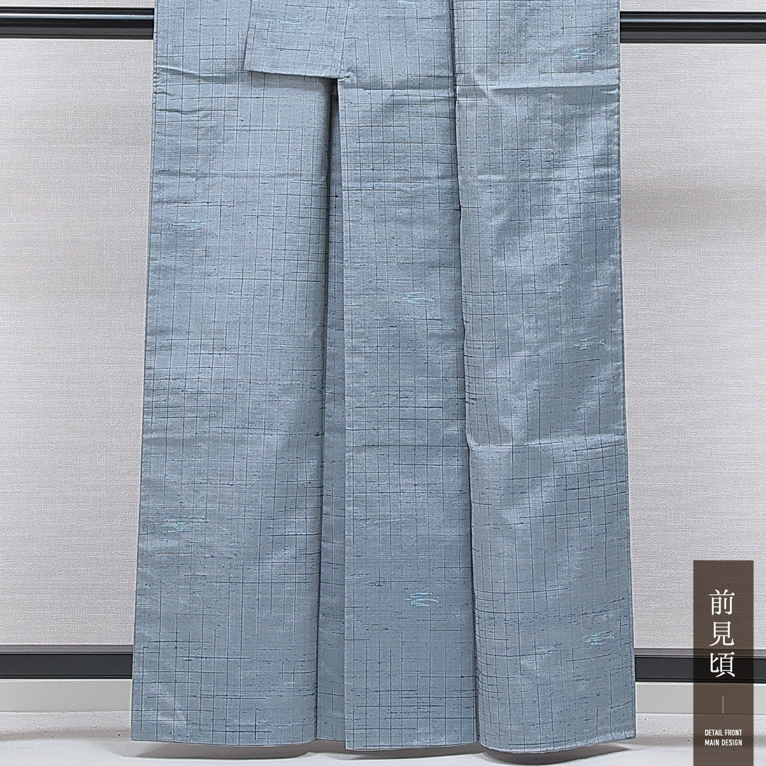 紬 袷 身丈160cm 裄丈64cm 正絹 Aランク Lサイズ 広衿 カジュアル 抽象柄 水色系 1216-16660