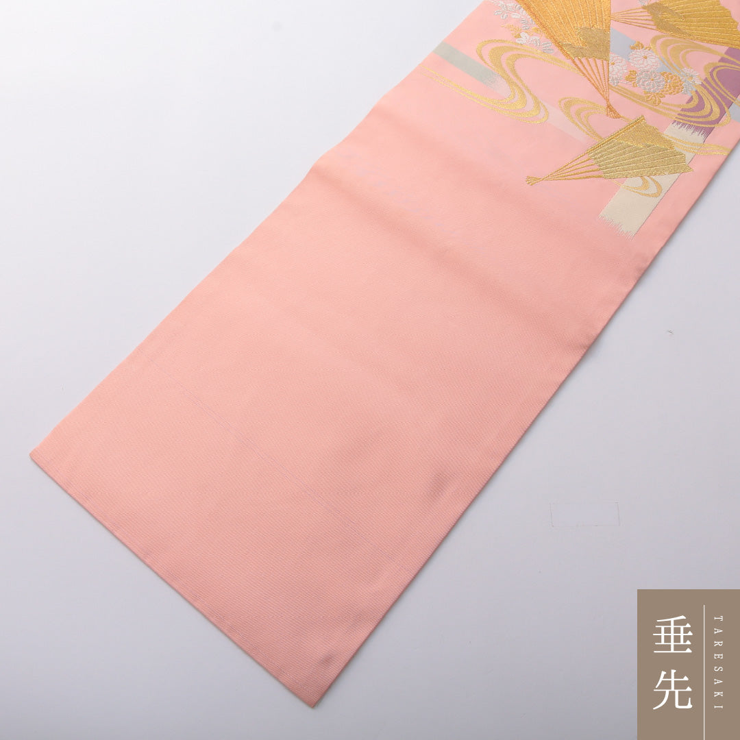 九寸名古屋帯 帯丈363cm カジュアル 名古屋仕立て ポイント柄 Aランク 正絹 扇 流水 牡丹 ピンク系 1224-03472