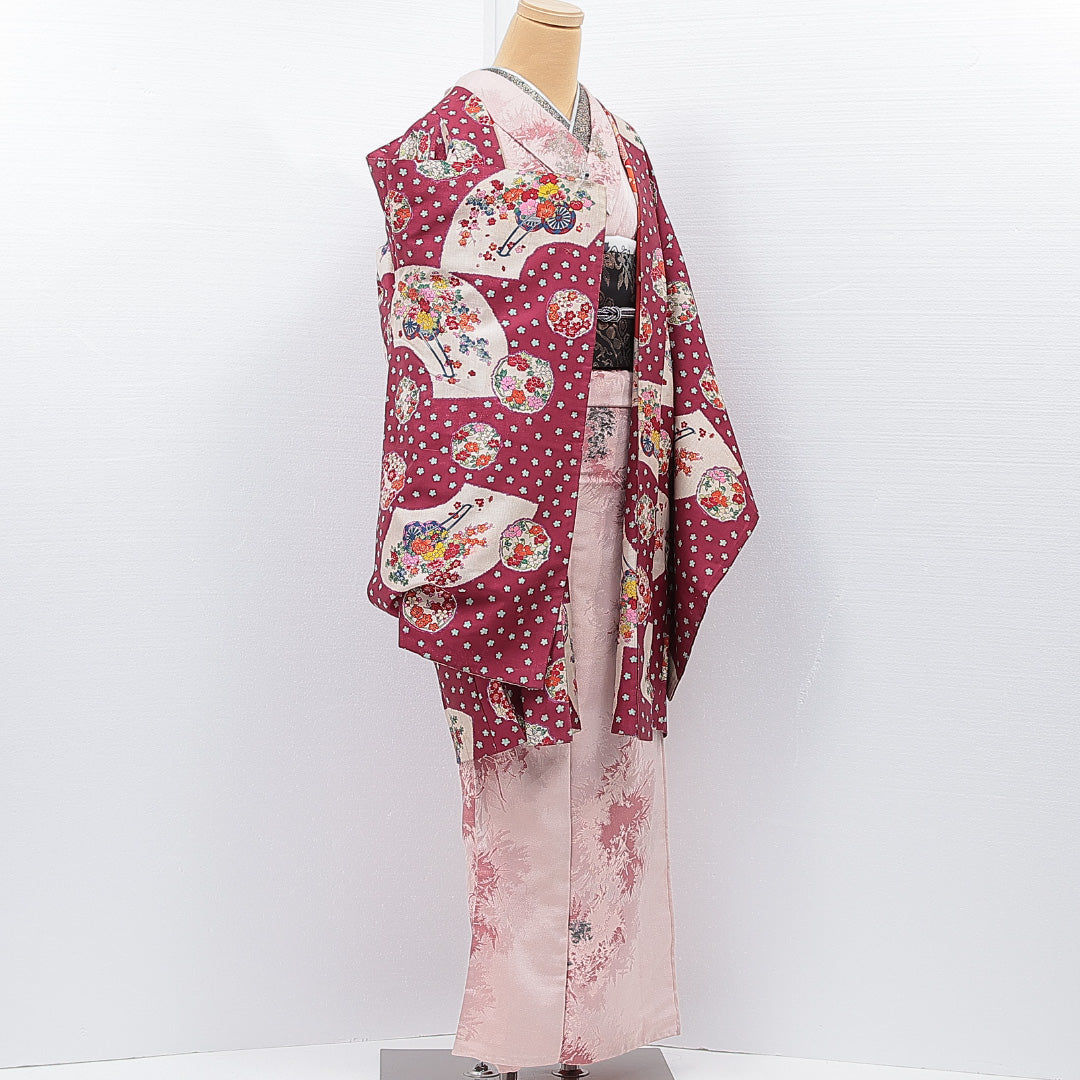 アンティーク 羽織(紬) 袷 身丈93cm 裄丈63cm 正絹 Cランク Sサイズ 後染め 扇 牡丹 紫系 1217-15324