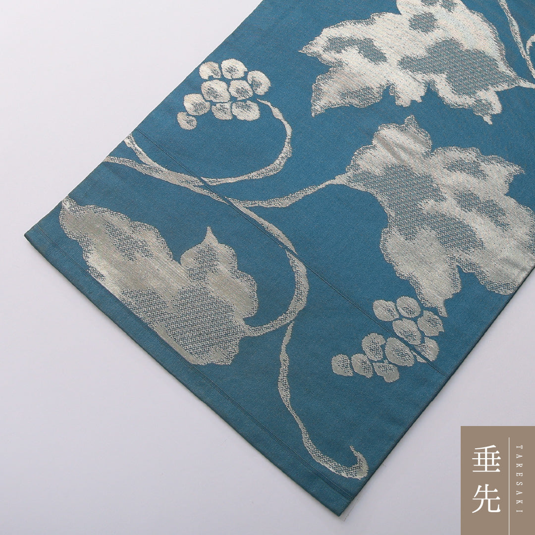 九寸名古屋帯 帯丈339cm カジュアル 名古屋仕立て 六通 Cランク 正絹 創作柄 青系 1224-03612