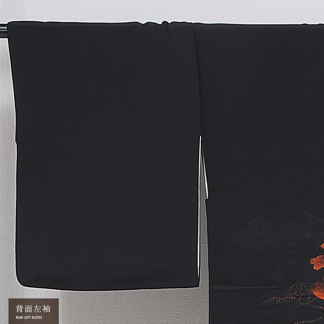 黒羽織 袷 身丈80cm 裄丈63cm 正絹 Aランク Sサイズ インフォーマル 紐あり 花車 絵羽羽織 黒系 1217-16154