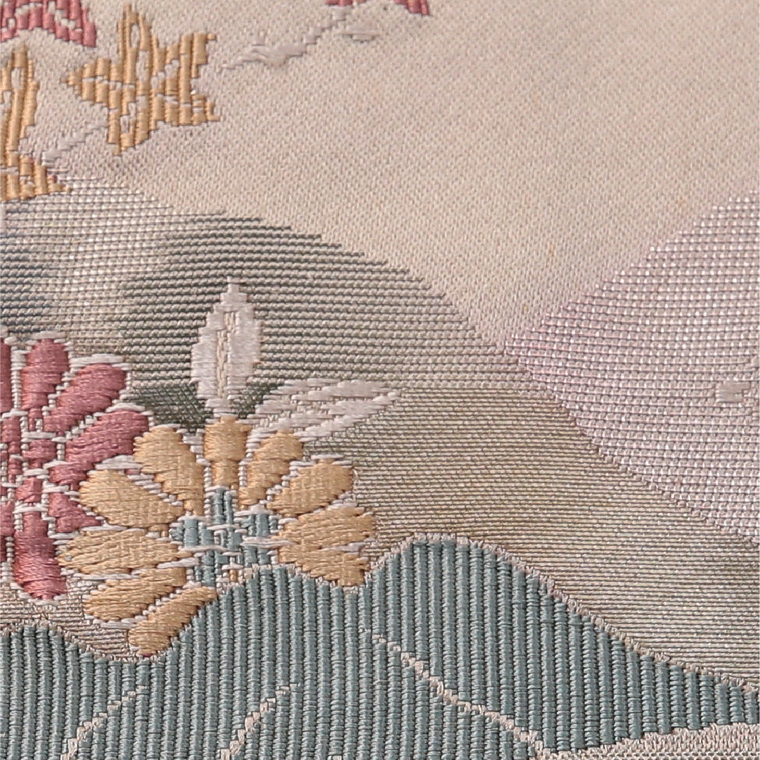 八寸名古屋帯 帯丈352cm インフォーマル 松葉仕立て ポイント柄 Cランク 正絹 流水 紅葉 ベージュ系 1224-03420