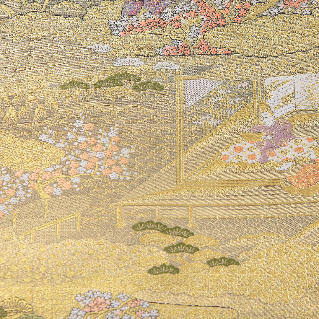 袋帯 帯丈450cm 正絹 六通 式図物語 フォーマル 平安絵巻 吉祥文様 金系 銀系 1243-02267