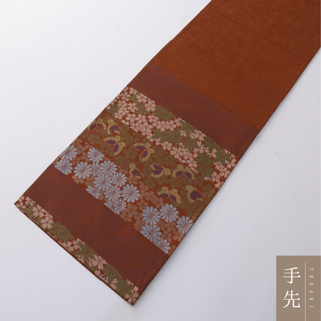 九寸名古屋帯 帯丈360cm セミフォーマル 開き仕立て 六通 Sランク ポリエステル 蝶 菊 茶系 朱系 1224-03283