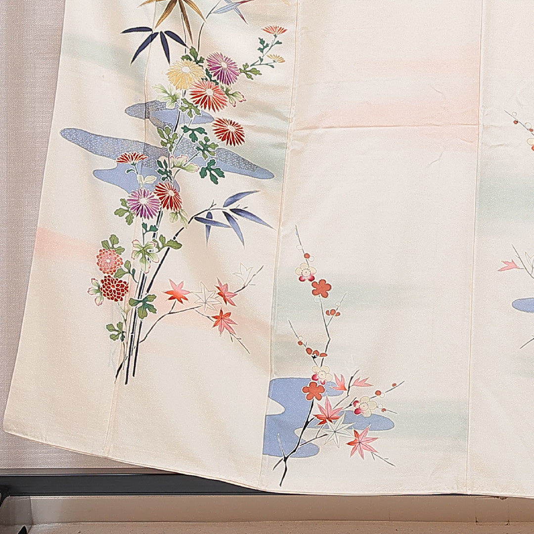 付下げ 袷 身丈156cm 裄丈62cm 正絹 Cランク Mサイズ 広衿 インフォーマル ちりめん 流水 菊 クリーム系 1261-16666