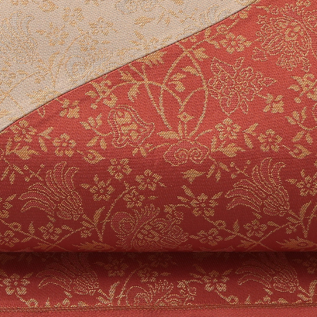 袋帯 帯丈448cm セミフォーマル ポイント柄 未仕立て 帯芯なし Aランク 正絹 唐草 クリーム系 朱系 1223-01888