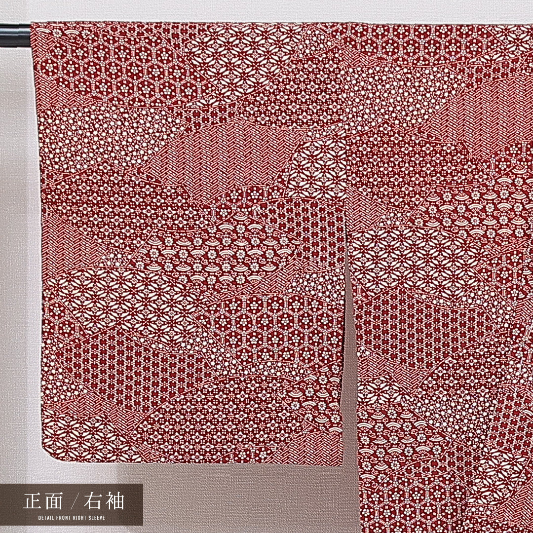 江戸小紋(寄せ柄) 単衣 身丈154cm 裄丈65cm 正絹 Cランク Sサイズ 広衿 インフォーマル 赤系 1262-15679