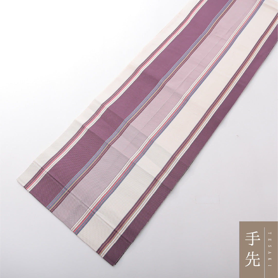 八寸名古屋帯 Cランク 帯丈354cm 正絹 全通 開き仕立て 帯芯なし 織り カジュアル 縞 クリーム系 HP 1245-03741