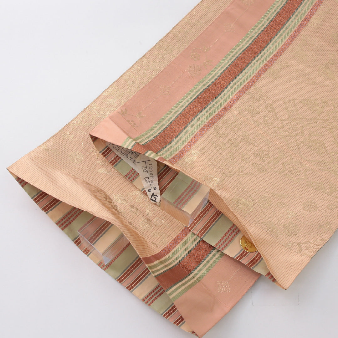 袋帯 帯丈450cm セミフォーマル 六通 未仕立て 帯芯なし Sランク 正絹 有栖川鹿文 証紙 ピンク系 1223-02232