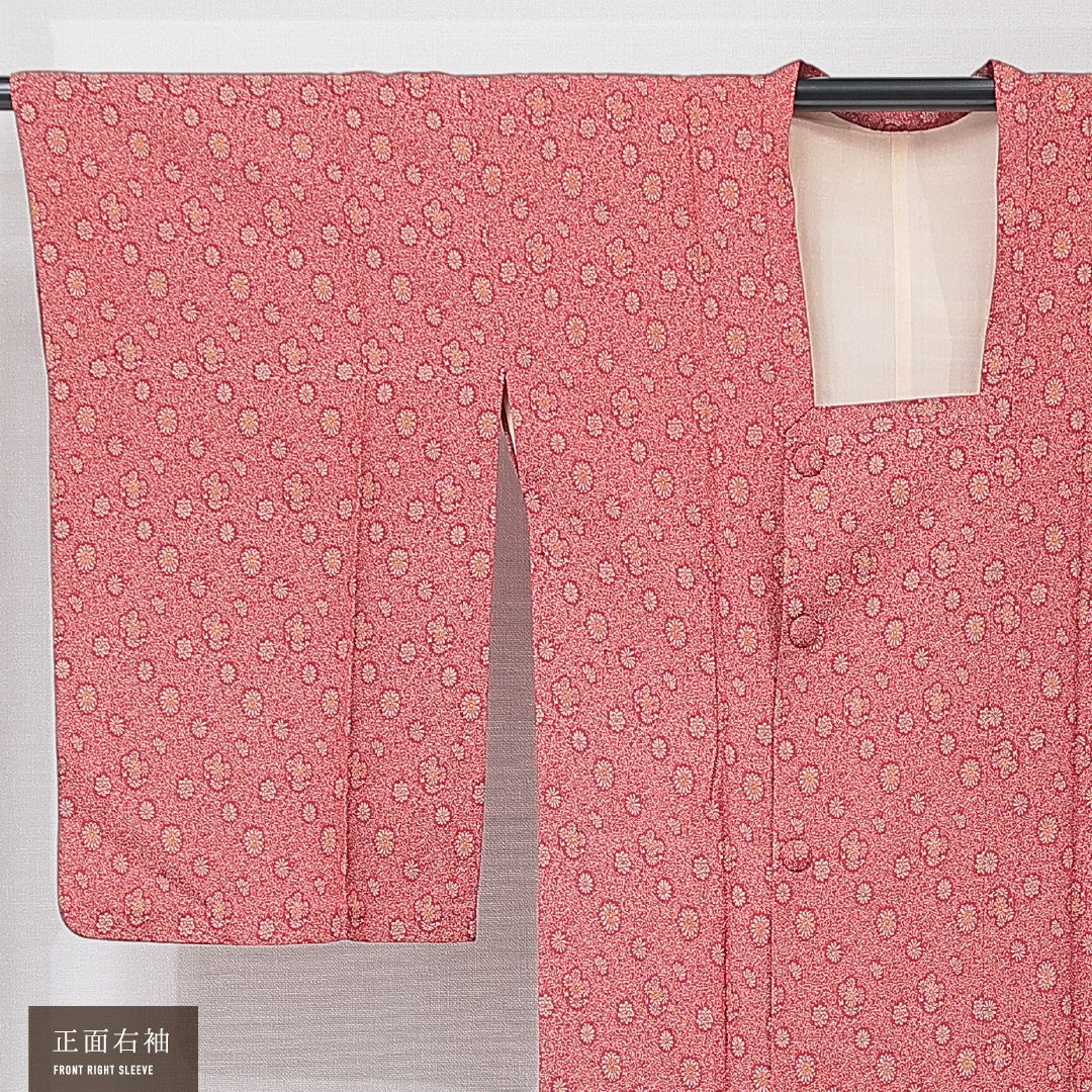 道行コート 単衣 身丈106cm 裄丈65cm 正絹 Aランク セミフォーマル Mサイズ 肩当て ポケットあり 菊 赤系 RP 1237-15169