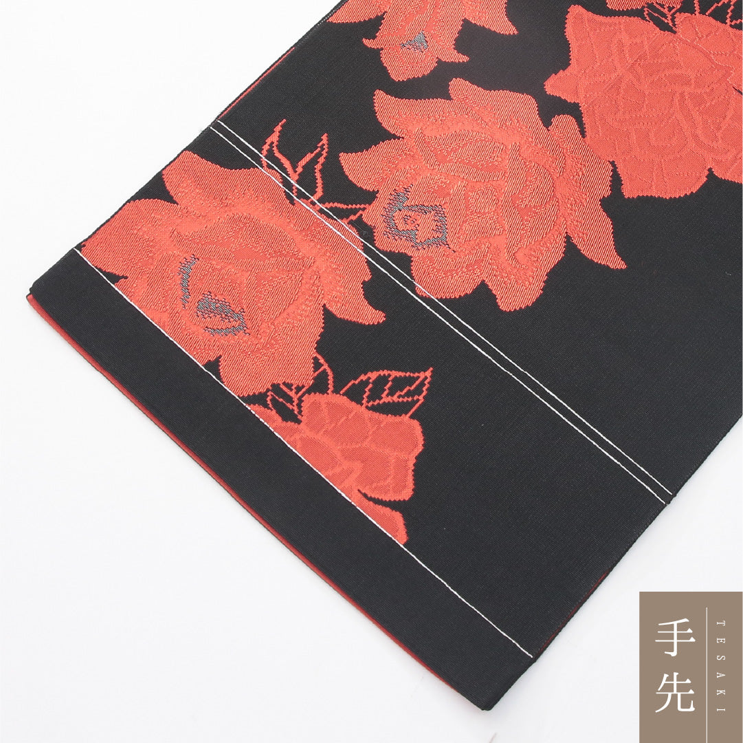 八寸名古屋帯 Sランク 帯丈388cm 正絹 全通 開き仕立て 織り カジュアル 薔薇 黒系 RP 1245-04184