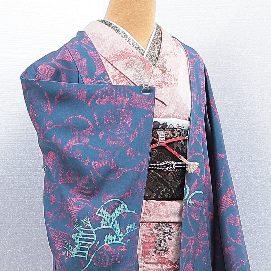 羽織 袷 身丈79cm 裄丈62cm 正絹 Aランク カジュアル Sサイズ 紐あり 創作柄 青系 RP 1232-16183