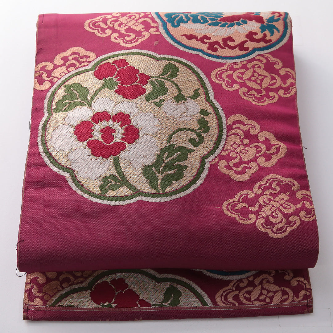 アンティーク 九寸名古屋帯 帯丈315cm 名古屋仕立て ポイント柄 Cランク 正絹 牡丹 紫系 赤系 1224-03810