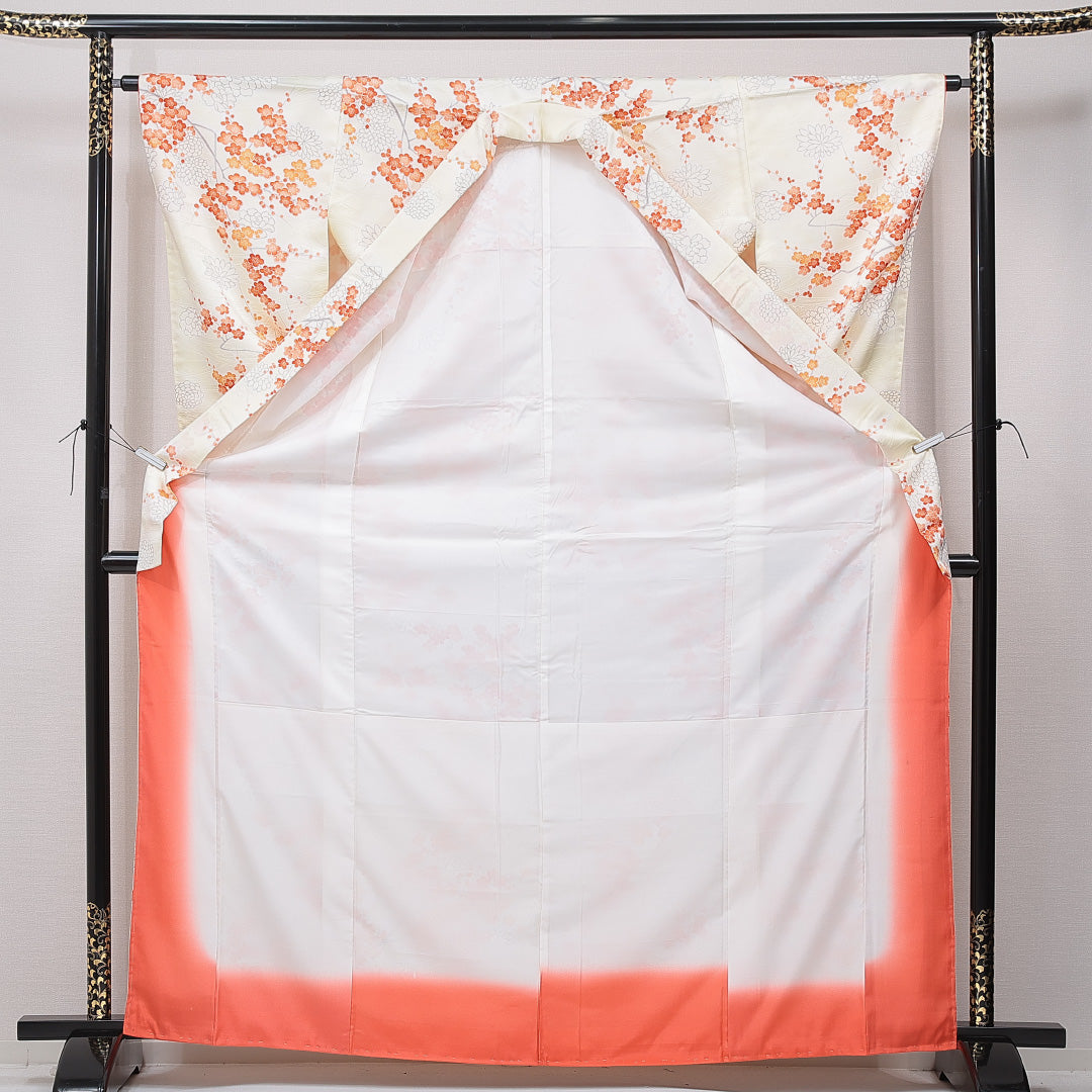 洗える着物 小紋 袷 身丈166cm 裄丈63cm ポリエステル Sランク インフォーマル バチ衿 XLサイズ 梅 菊 クリーム系 RP 1221-15822
