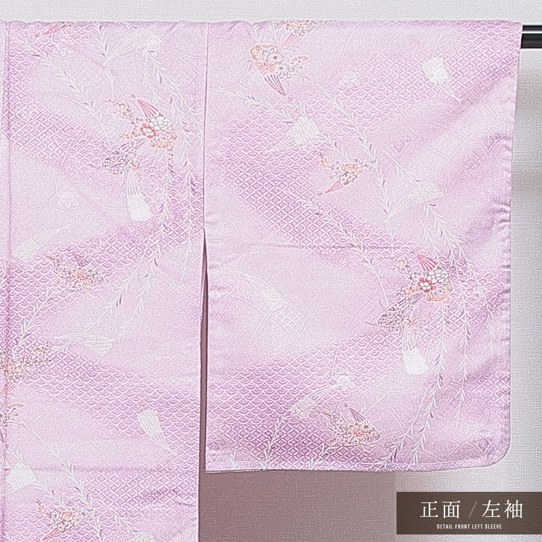 洗える着物 小紋 袷 身丈158cm 裄丈64cm ポリエステル Sランク インフォーマル 広衿 Mサイズ 吉祥文様 紫系 RP 1221-15981