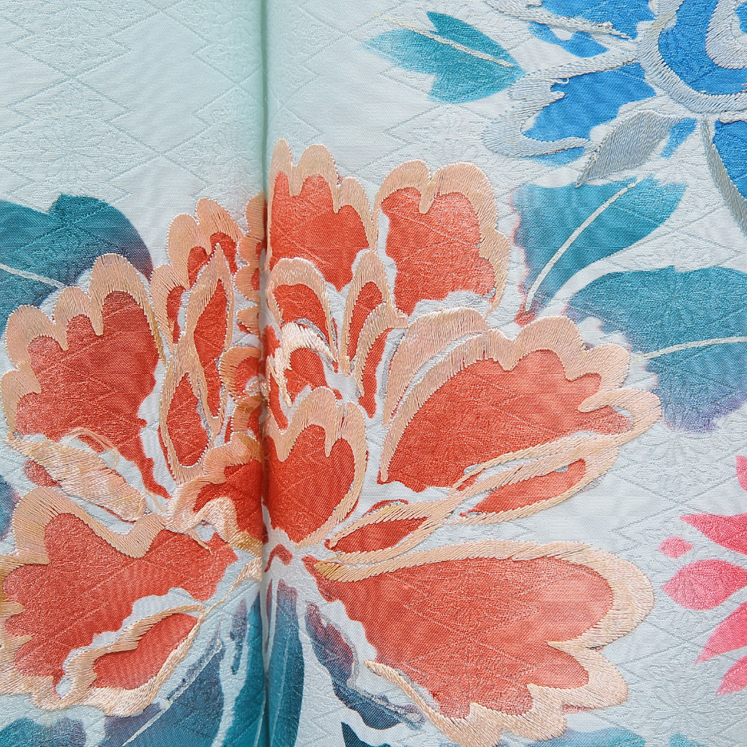 訪問着 袷 身丈159cm 裄丈63cm 正絹 Cランク セミフォーマル 広衿 Mサイズ 刺繍 牡丹 吉祥文様 水色系 LP 1217-15944