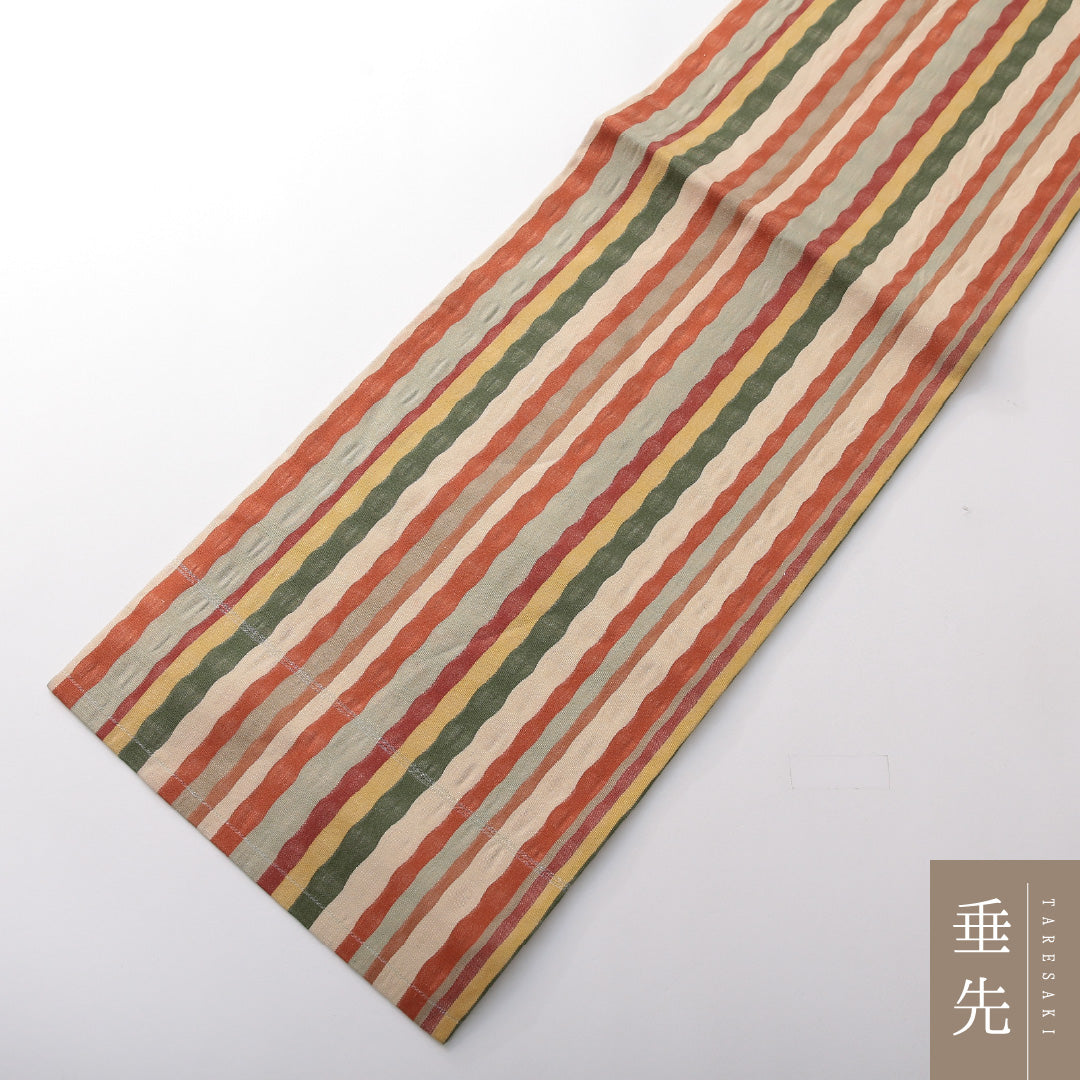 九寸名古屋帯 帯丈349cm カジュアル 名古屋仕立て 全通 Bランク 正絹 縞 多色系 1224-03825