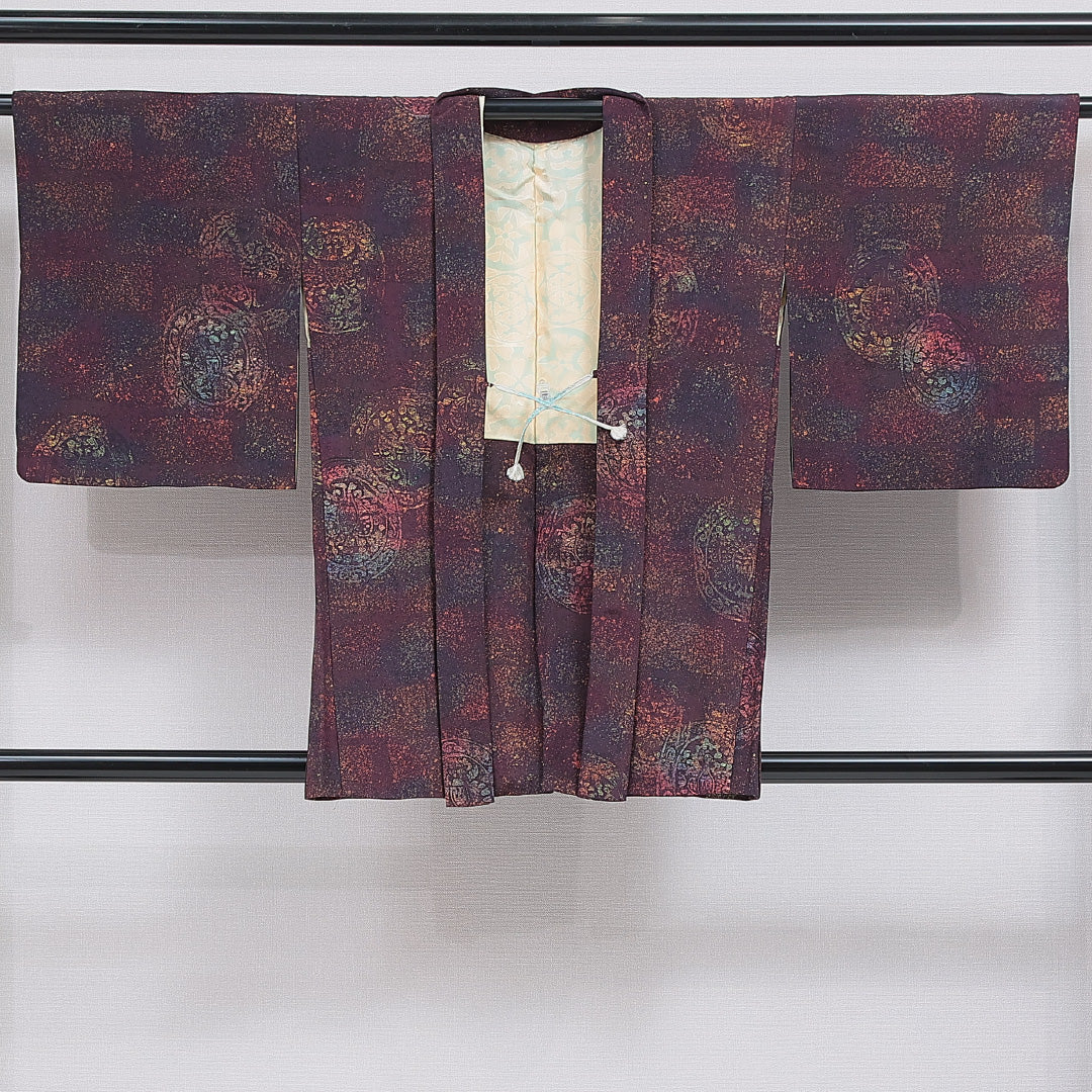 羽織 袷 身丈83cm 裄丈64cm 正絹 Sランク カジュアル Mサイズ 紐あり 丸文 茶系 M4 1232-16187