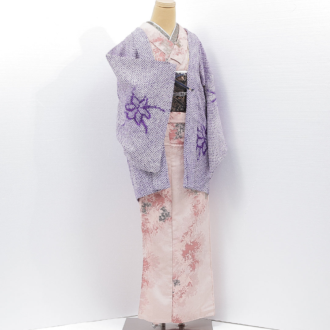 羽織 袷 身丈81cm 裄丈65cm 正絹 Aランク カジュアル バチ衿 Mサイズ 紐あり 楓 白系 RP 1232-15168
