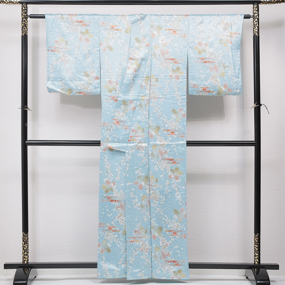 小紋 洗える着物 袷 身丈159cm 裄丈64cm ポリエステル Cランク Mサイズ 広衿 インフォーマル エ霞 梅 水色系 1215-15838