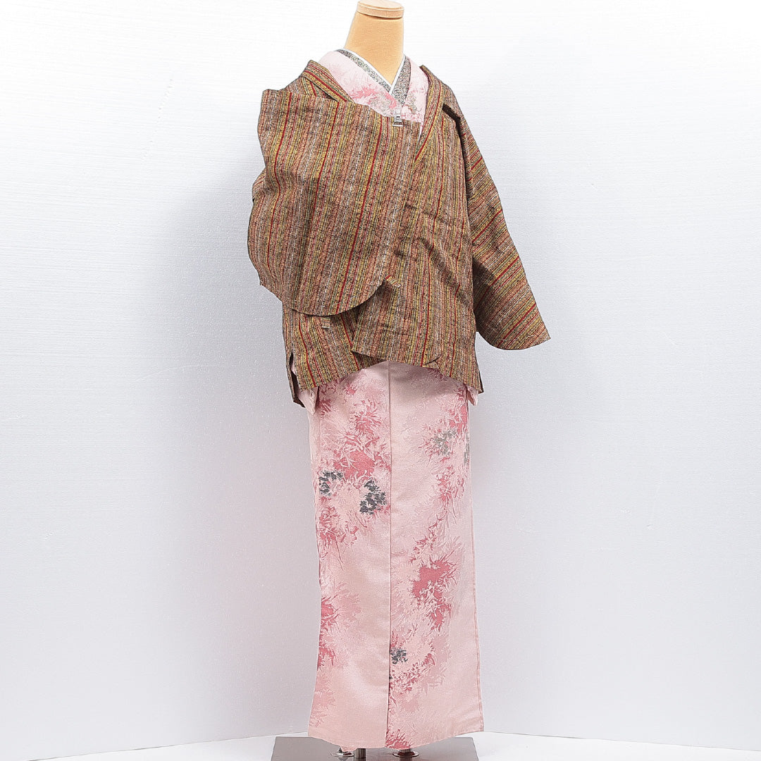 道中着 袷 身丈71cm 裄丈61cm 正絹 Sランク Sサイズ 縞 茶系 RP 1236-16445