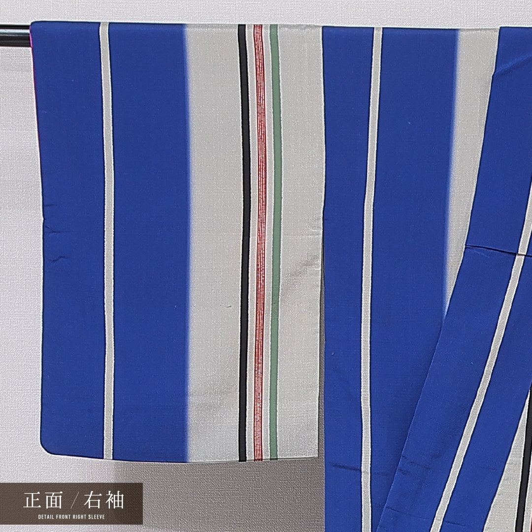 アンティーク お召 袷 身丈143cm 裄丈62cm 正絹 Aランク バチ衿 XSサイズ 染め紬 縞 グレー系 RP 1222-16758