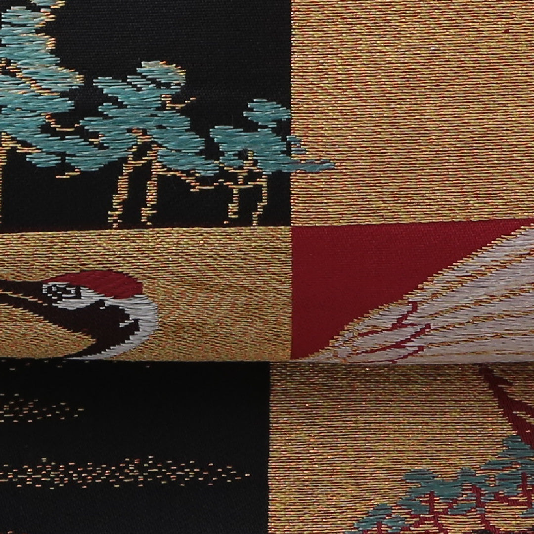 アンティーク 九寸名古屋帯 Aランク 帯丈327cm 正絹 全通 名古屋仕立て 織り 鶴 市松 松 金系・多色系 RP 1245-03773