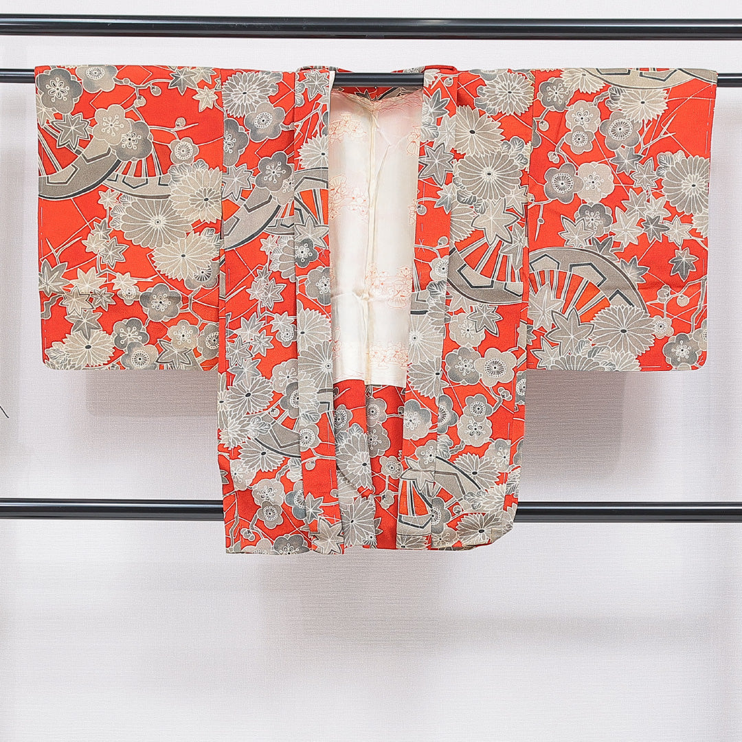 アンティーク 羽織 袷 身丈87cm 裄丈67cm 正絹 Bランク Mサイズ ちりめん 菊 赤系 1217-16813