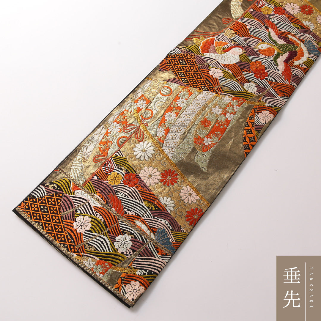 袋帯 帯丈428cm 正絹 六通 フォーマル 唐織 鴛鴦 吉祥文様 金系 1243-01858