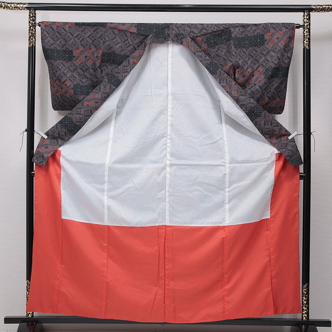 小紋 洗える着物 袷 身丈159cm 裄丈64cm ポリエステル Sランク Mサイズ 広衿 インフォーマル 格子 多色系 1215-15486