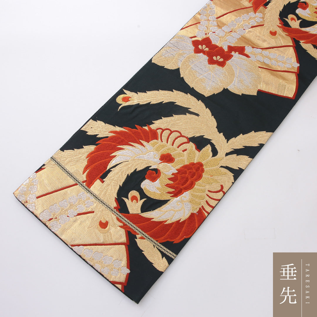 袋帯 帯丈424cm 正絹 六通 フォーマル 唐織 鳳凰 桐 黒系 金系 1243-02182