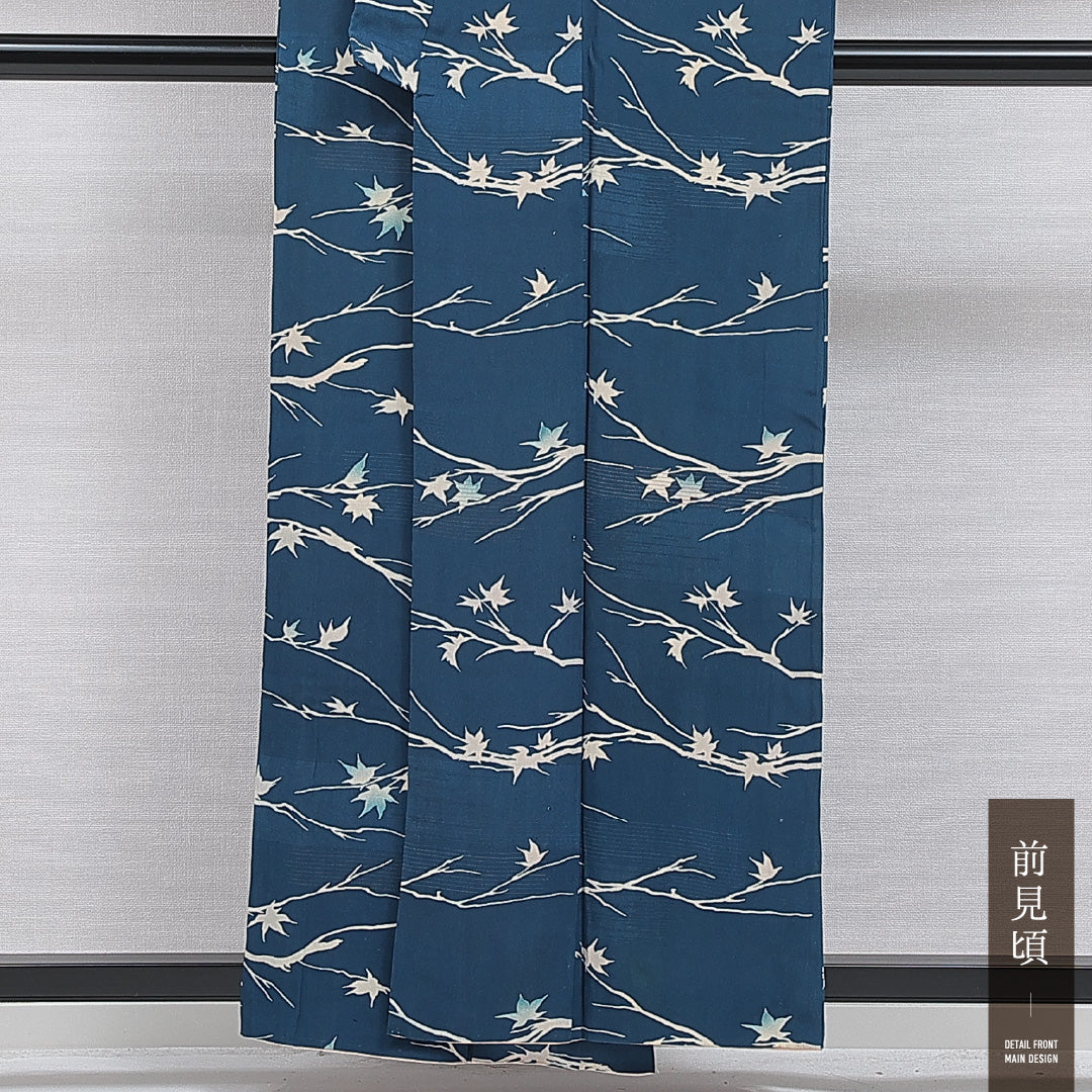 小紋 袷 身丈156cm 裄丈61cm 正絹 Cランク インフォーマル バチ衿 Mサイズ 楓 青系 LP 1221-15969