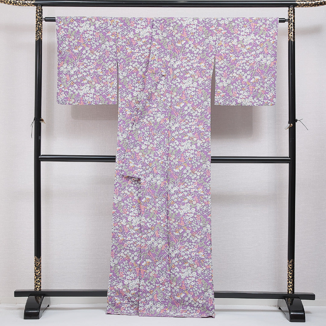 洗える着物 小紋 袷 身丈165cm 裄丈65cm ポリエステル Sランク インフォーマル 広衿 XLサイズ 菊 楓 紫系 RP 1221-16016