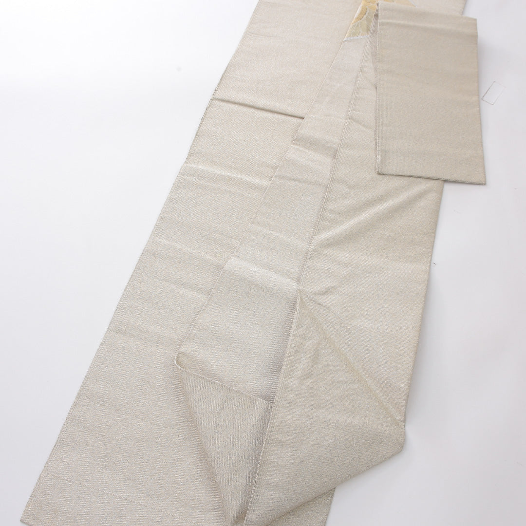九寸名古屋帯 Cランク 帯丈332cm 正絹 ポイント柄 名古屋仕立て 織り セミフォーマル 向かい鳥 クリーム系 HP 1245-03972
