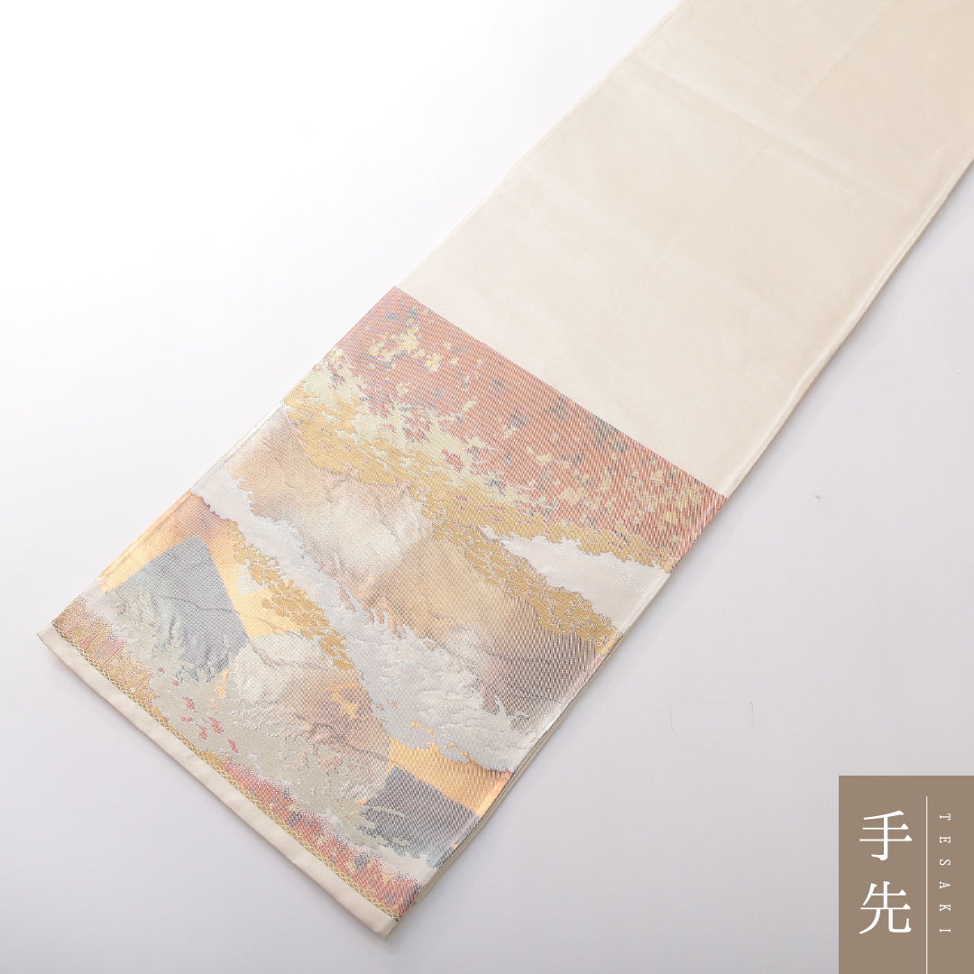袋帯 帯丈416cm 正絹 六通 セミフォーマル 綴れ織 遠山 クリーム系 1243-02124