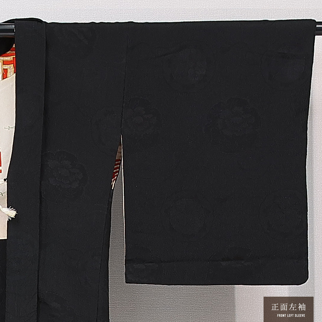 黒羽織 袷 身丈81cm 裄丈62cm 正絹 Aランク 一つ紋 (五三桐) 紋意匠 (雪輪) セミフォーマル Sサイズ 紐あり 無地 黒系 RP 1233-15303
