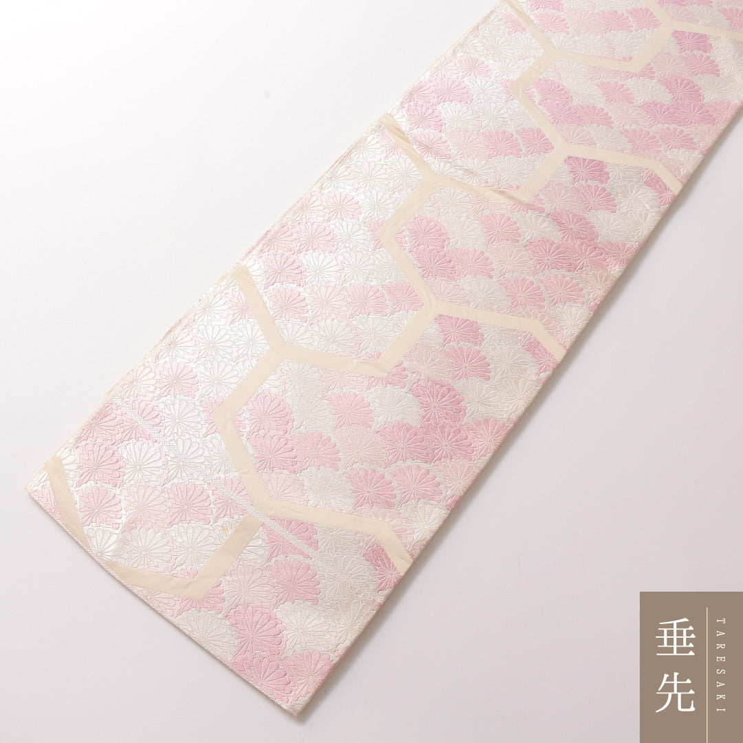 袋帯 帯丈430cm 正絹 六通 セミフォーマル 青海波 菊 白系 ピンク系 1243-01869