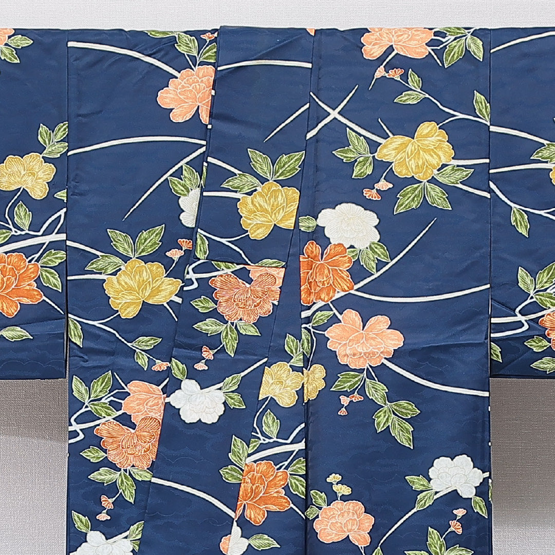 小紋 洗える着物 袷 身丈156cm 裄丈63cm ポリエステル Bランク Mサイズ 広衿 インフォーマル 牡丹 青系 1215-15802