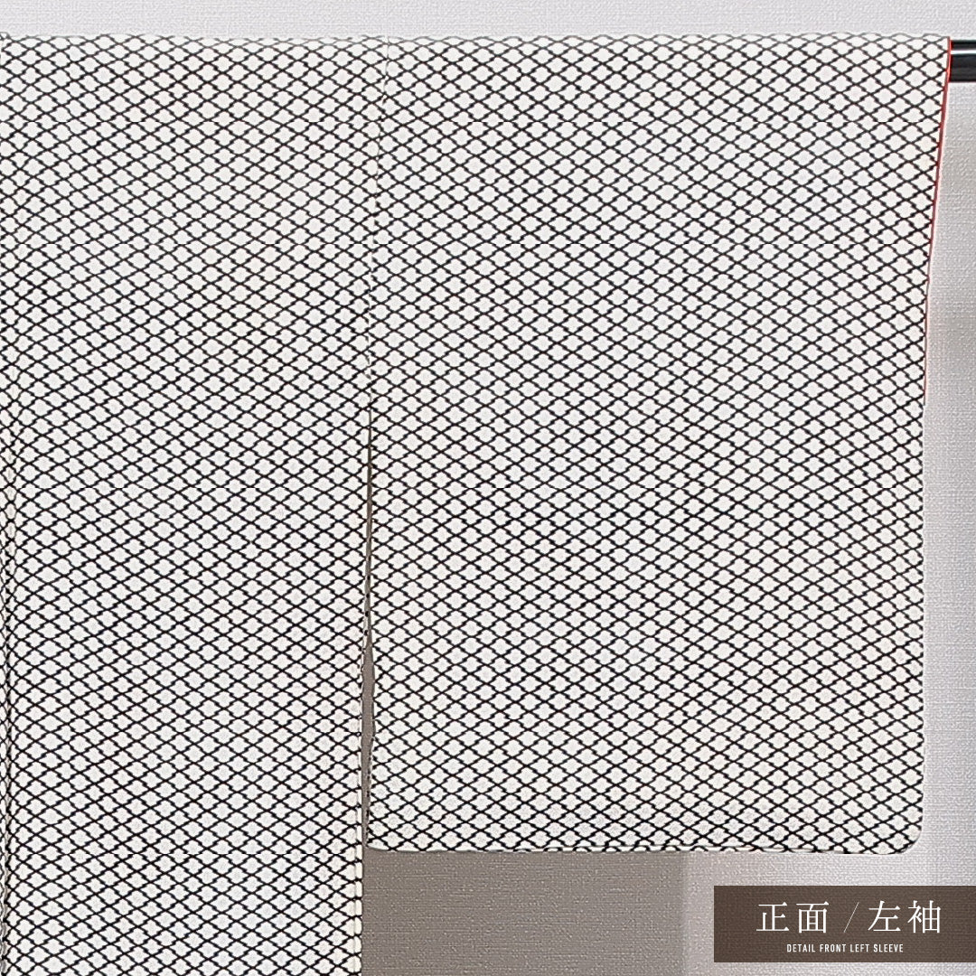 小紋 洗える着物 袷 身丈158cm 裄丈64cm ポリエステル Bランク Mサイズ バチ衿 インフォーマル 松皮菱 黒系 白系 1215-15807