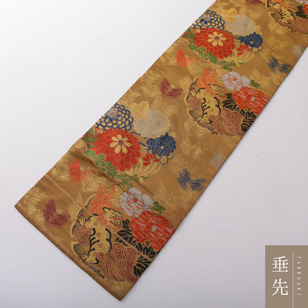 アンティーク 九寸名古屋帯 帯丈349cm セミフォーマル 名古屋仕立て 六通 Aランク 正絹 菊 黄系 1224-03624