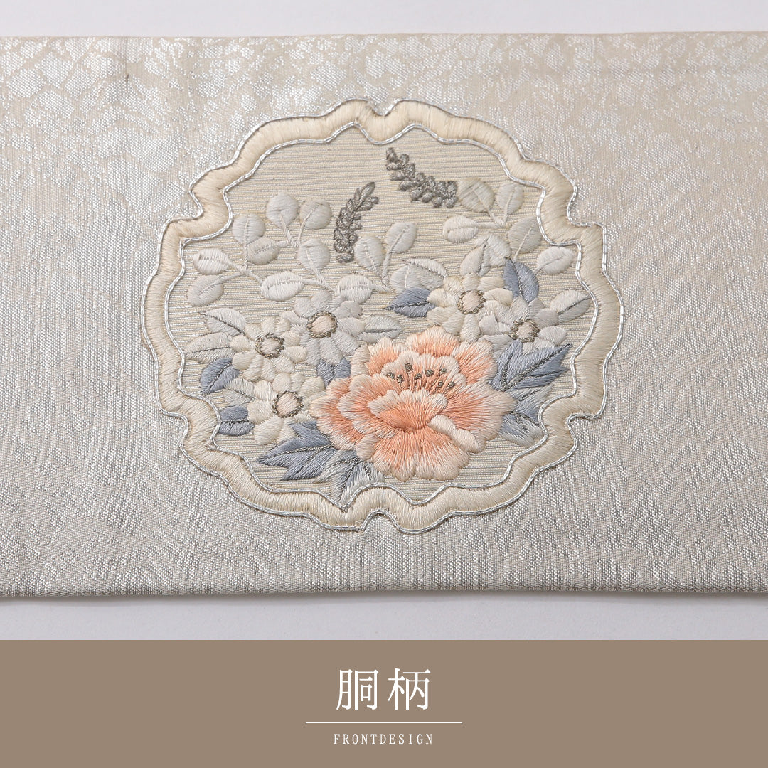 九寸名古屋帯 帯丈358cm セミフォーマル 名古屋仕立て ポイント柄 Cランク 正絹 雪輪 牡丹 銀系 1224-03646