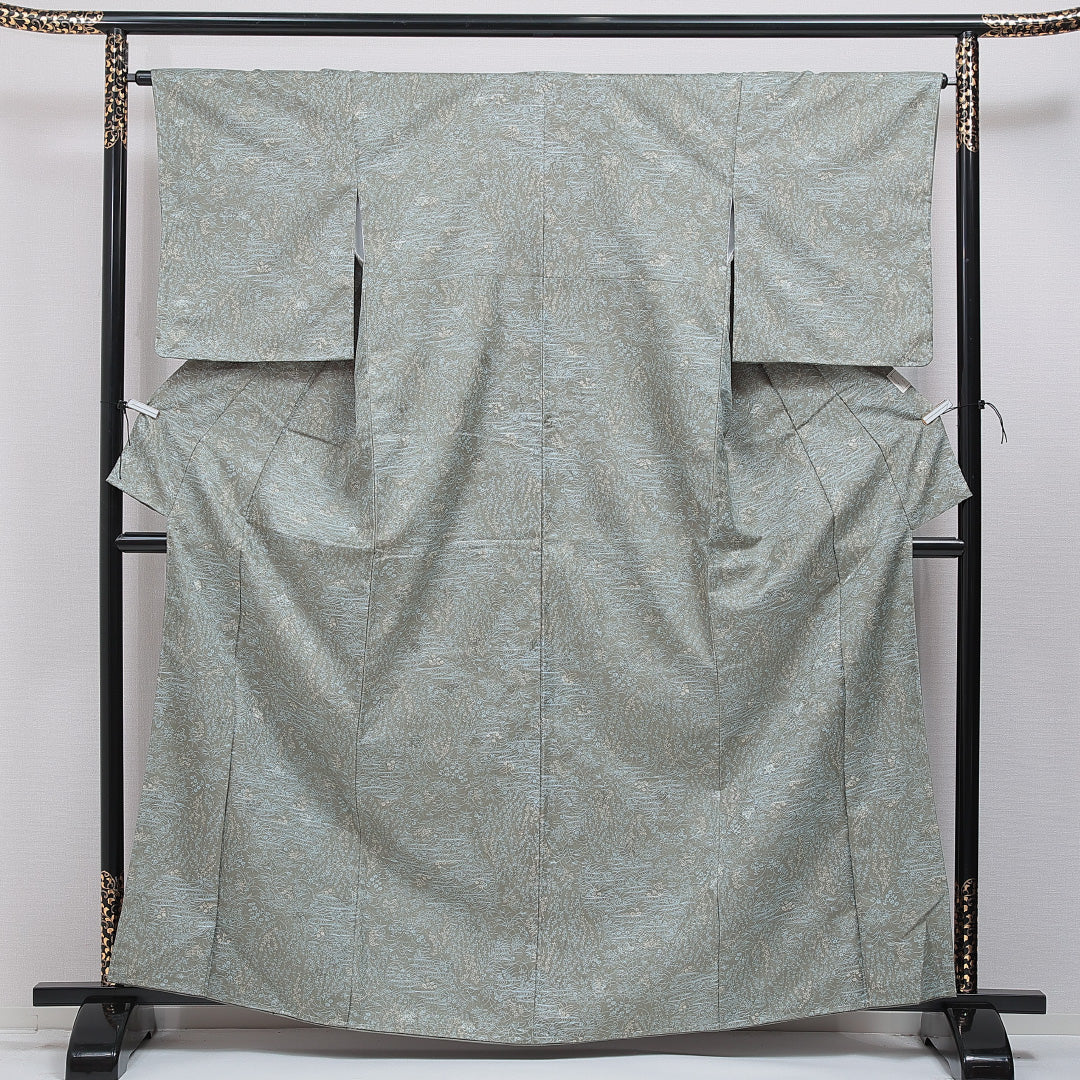 未使用品 洗える着物 小紋 袷 身丈164cm 裄丈64cm ポリエステル Nランク インフォーマル 広衿 Lサイズ 観世水 花柄 緑系 RP 1221-16061