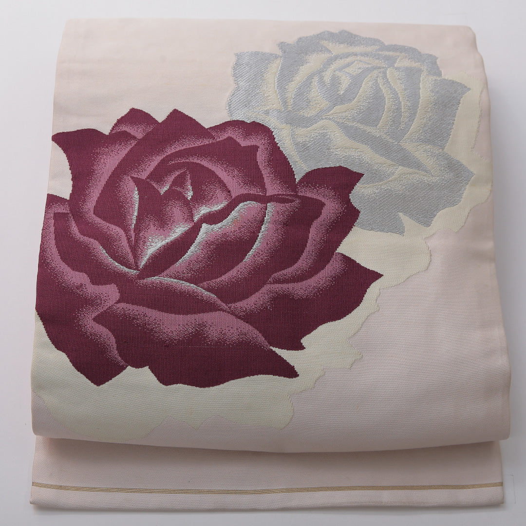 九寸名古屋帯 帯丈357cm カジュアル 名古屋仕立て ポイント柄 Dランク 正絹 綴れ織 薔薇 ピンク系 1224-03656