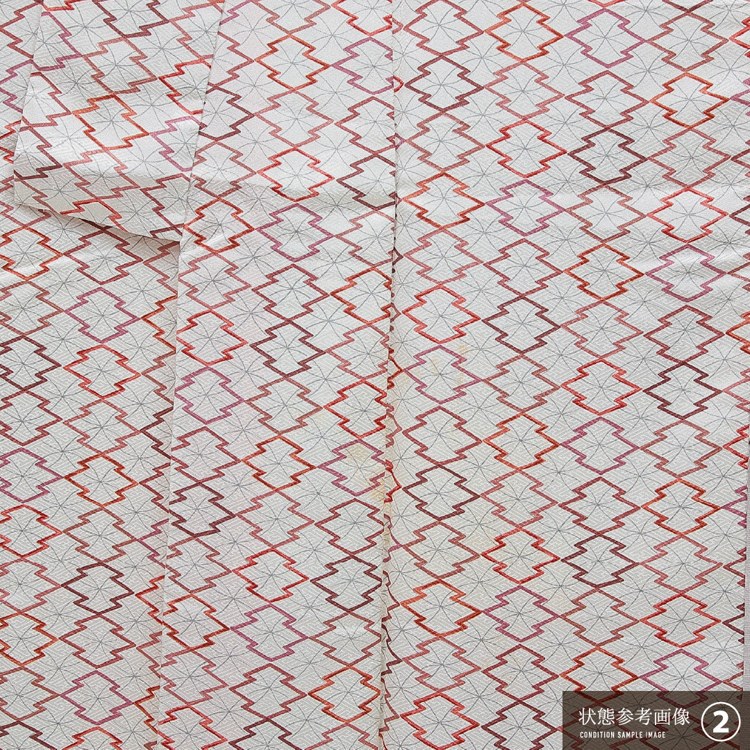 洗える着物 小紋 袷 身丈162cm 裄丈64cm ポリエステル Bランク インフォーマル 広衿 Lサイズ 七宝 松皮菱 白系 HP 1221-16113