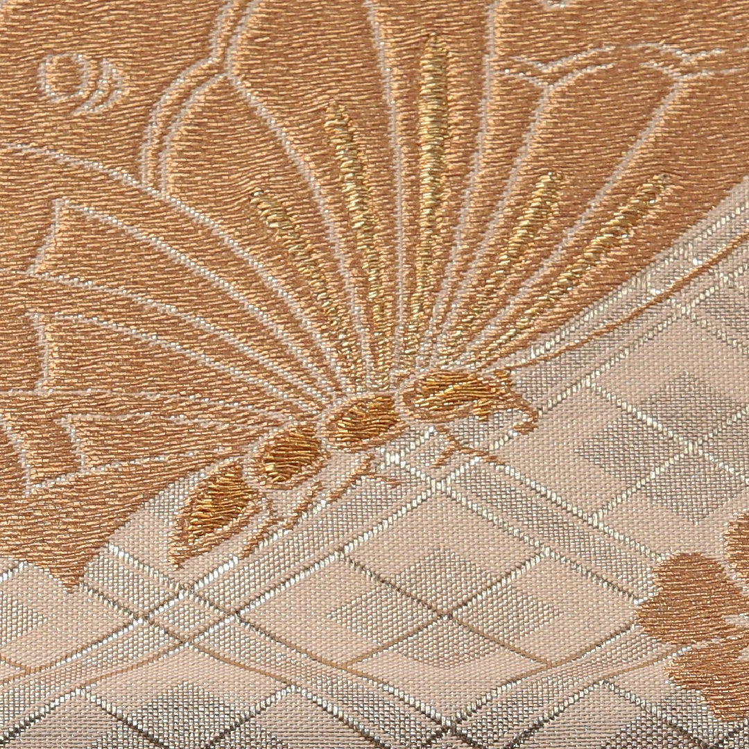 袋帯 帯丈448cm フォーマル 創作 リバーシブル Sランク 正絹 蝶 菱 クリーム系 金系 1223-01898